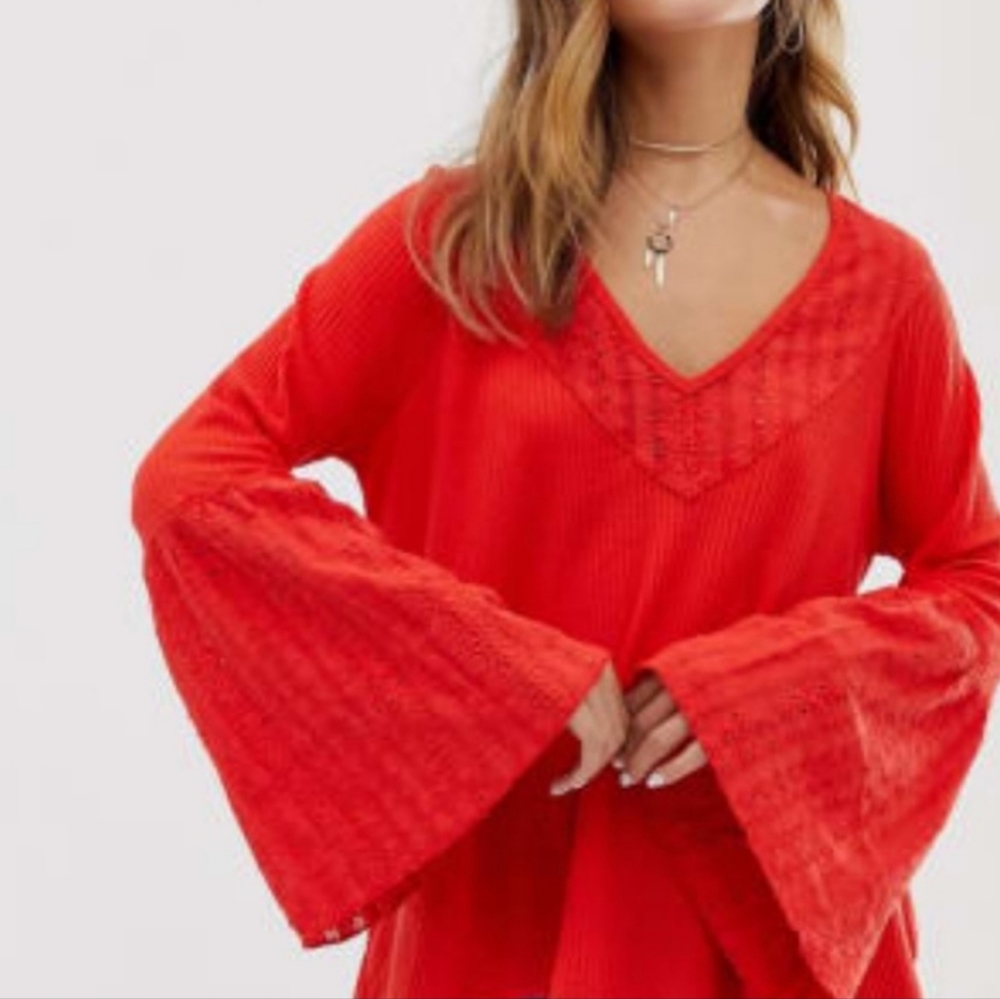 Free People Parisian Nights Women Vneck Knit Top SzS Red-Orange Bell Sleeve Lace